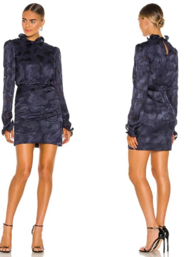 Saloni Rina B Ruffle Ruched Mini Dress Navy Blue Size 14